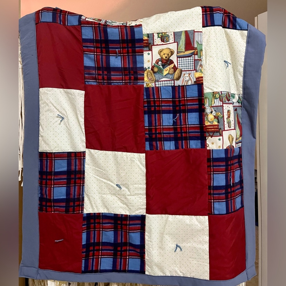New Handmade Baby Quilt or Lap Blanket - Red & Blue Plaid Teddy Bears/Toys/Bunny